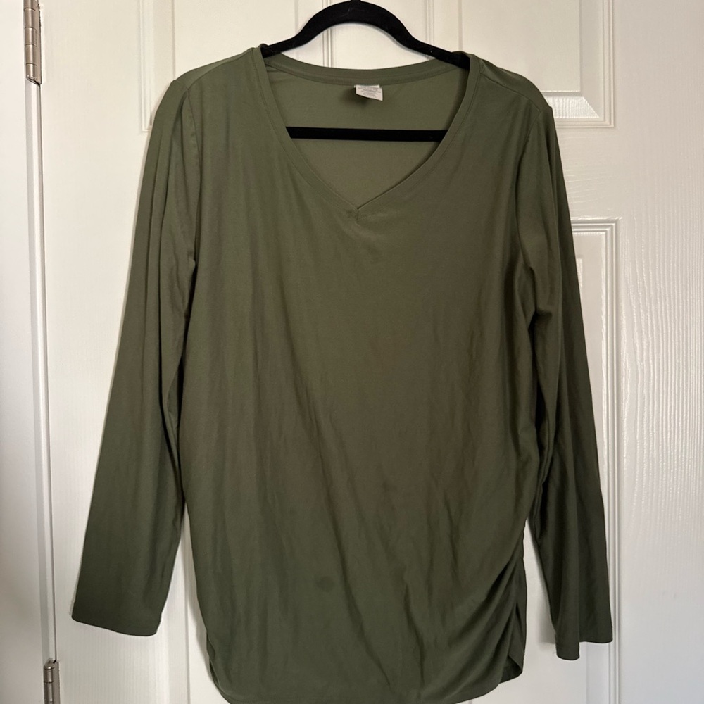 Time and Tru Olive V-Neck Long Sleeve Top - Maternity